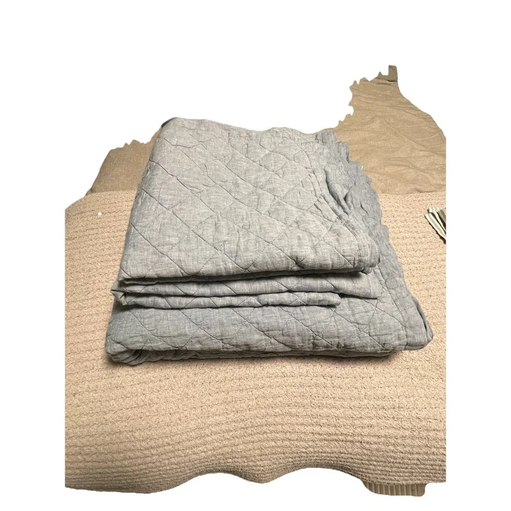 Pottery Barn Belgian Flax Linen Diamond Quilt Chambray Blue F/Q & 2 Euro Shams